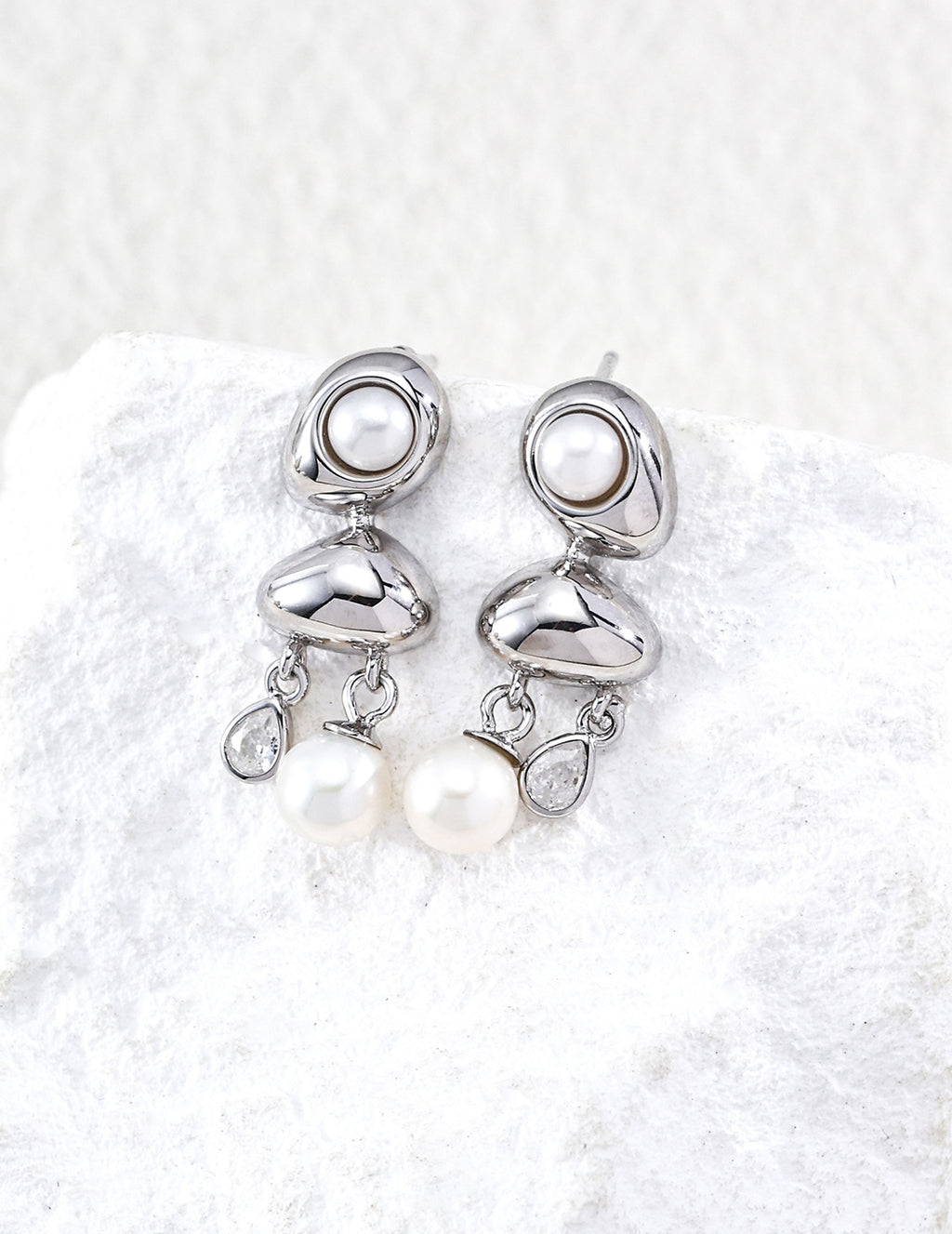 S925 Silver Golden Dew Drop Pearl & CZ Three-Tier Drop Earrings | Vintage Gold & Platinum LOJ142