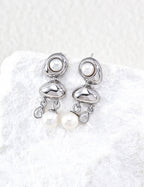 S925 Silver Golden Dew Drop Pearl & CZ Three-Tier Drop Earrings | Vintage Gold & Platinum LOJ142