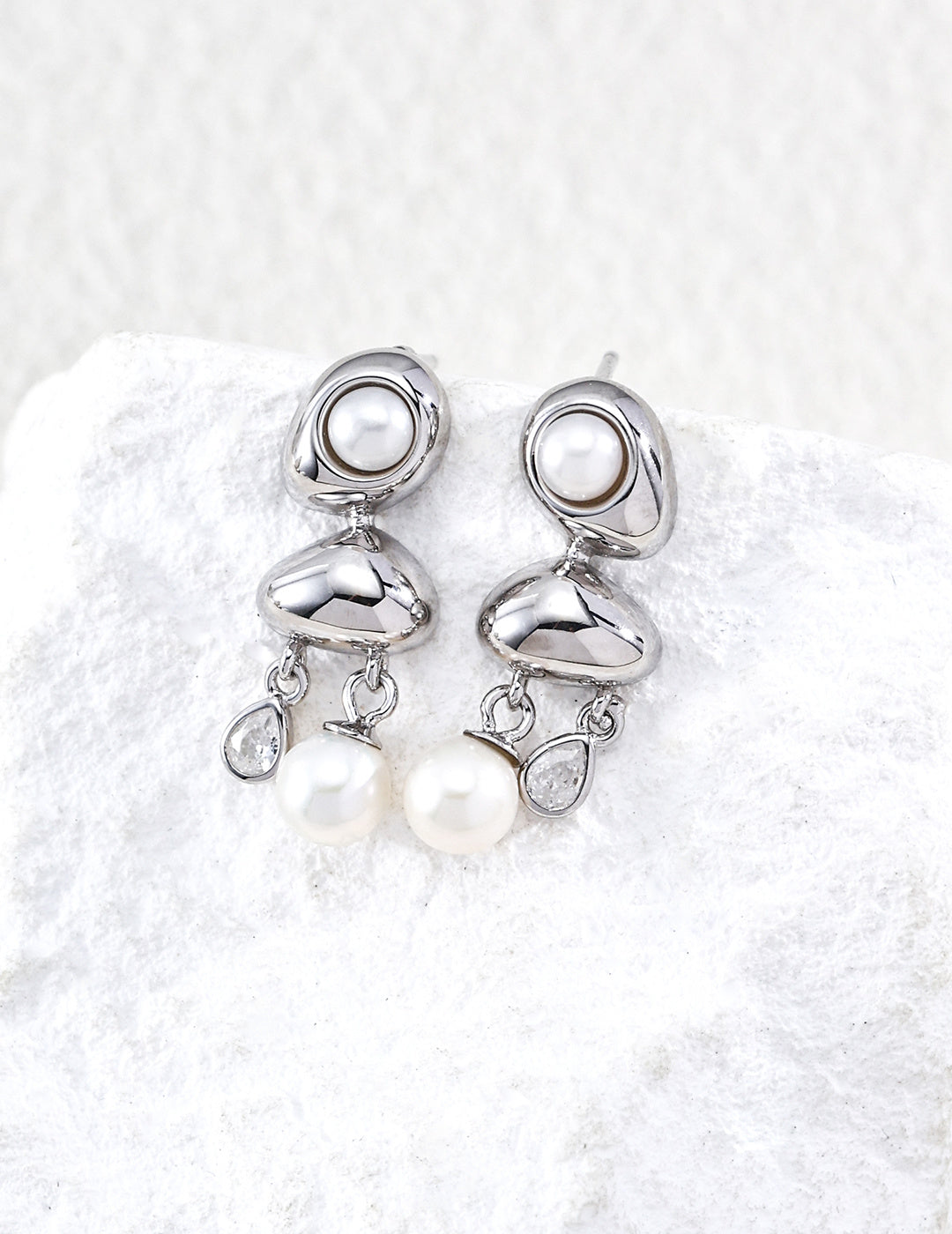 S925 Silver Golden Dew Drop Pearl & CZ Three-Tier Drop Earrings | Vintage Gold & Platinum LOJ142
