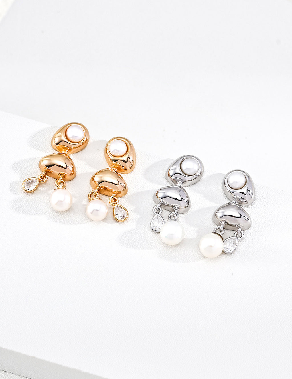 S925 Silver Golden Dew Drop Pearl & CZ Three-Tier Drop Earrings | Vintage Gold & Platinum LOJ142
