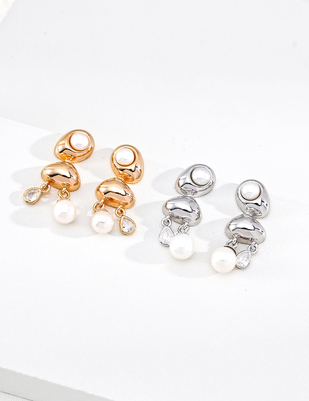 S925 Silver Golden Dew Drop Pearl & CZ Three-Tier Drop Earrings | Vintage Gold & Platinum LOJ142