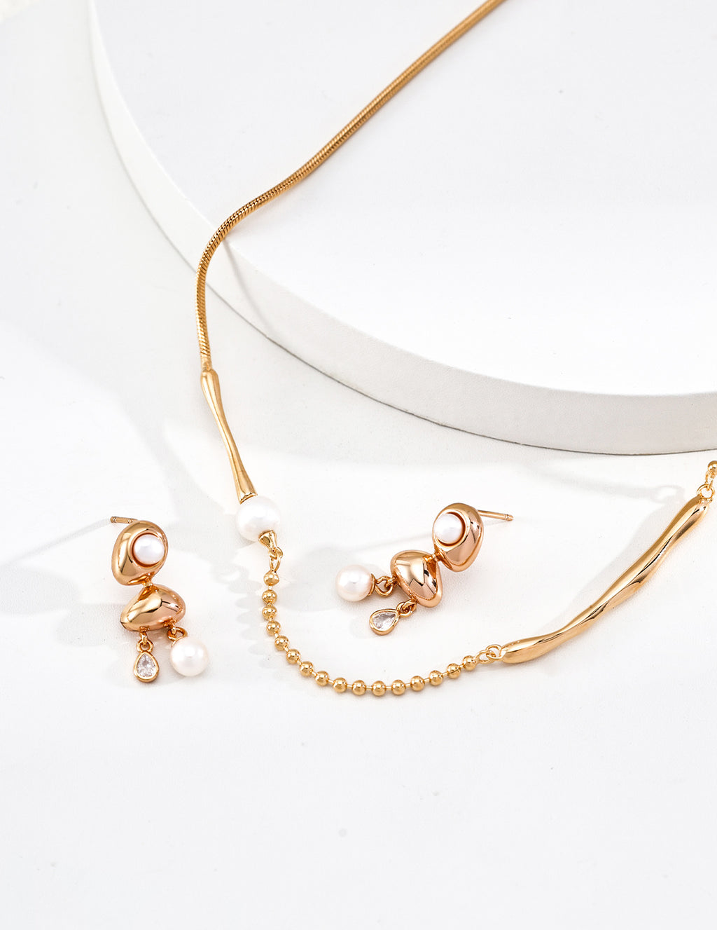 S925 Silver Golden Dew Drop Pearl & CZ Three-Tier Drop Earrings | Vintage Gold & Platinum LOJ142
