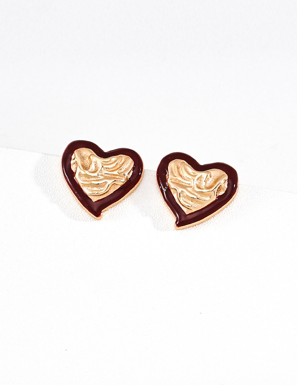 S925 Silver Xin Rui Series Heart Enamel Stud Earrings | Forest Green & Burgundy | Vintage Gold LOJ165