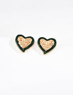 S925 Silver Xin Rui Series Heart Enamel Stud Earrings | Forest Green & Burgundy | Vintage Gold LOJ165