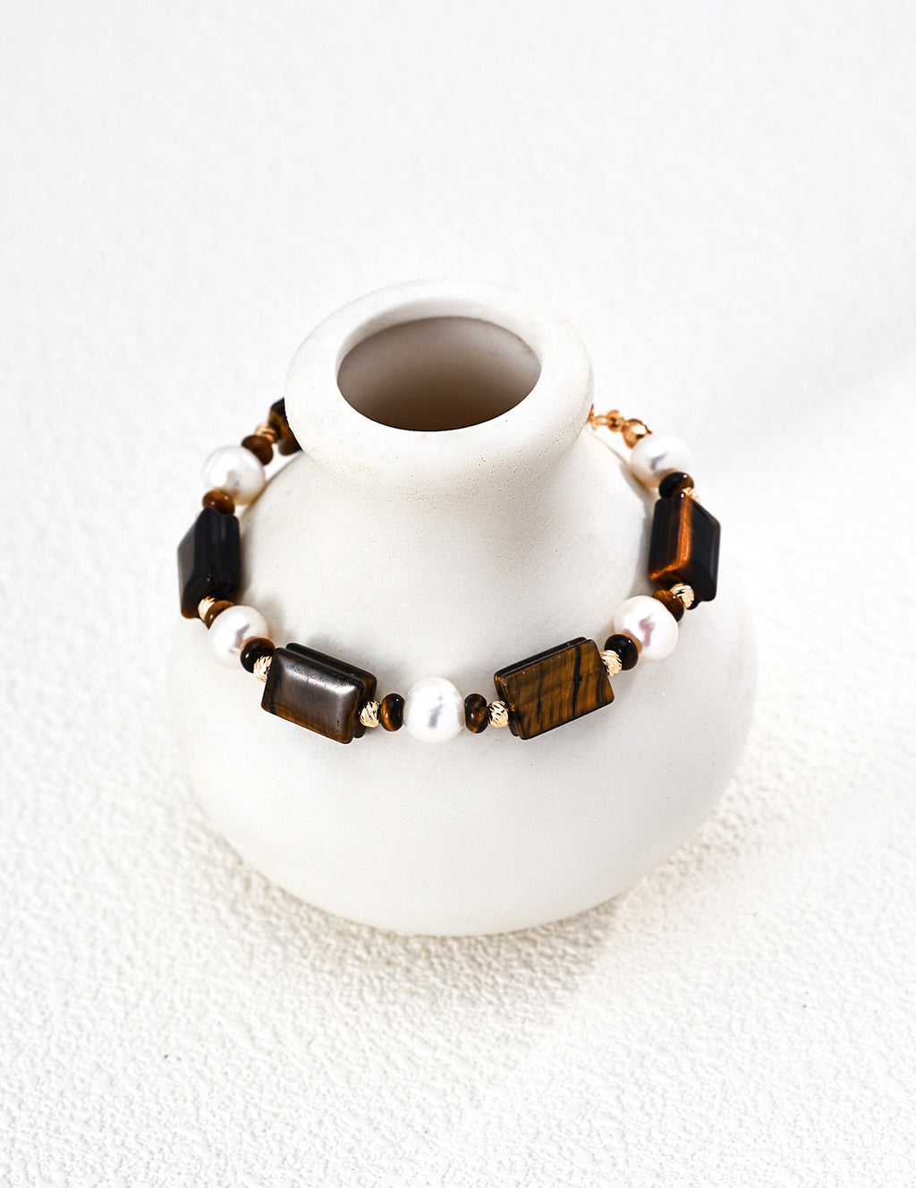 S925 Silver Caramel Old Money Tiger's Eye & Natural Pearl Statement Bracelet | Vintage Gold LOJ137