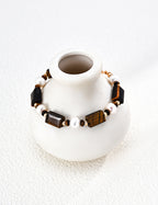 S925 Silver Caramel Old Money Tiger's Eye & Natural Pearl Statement Bracelet | Vintage Gold LOJ137