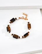 S925 Silver Caramel Old Money Tiger's Eye & Natural Pearl Statement Bracelet | Vintage Gold LOJ137
