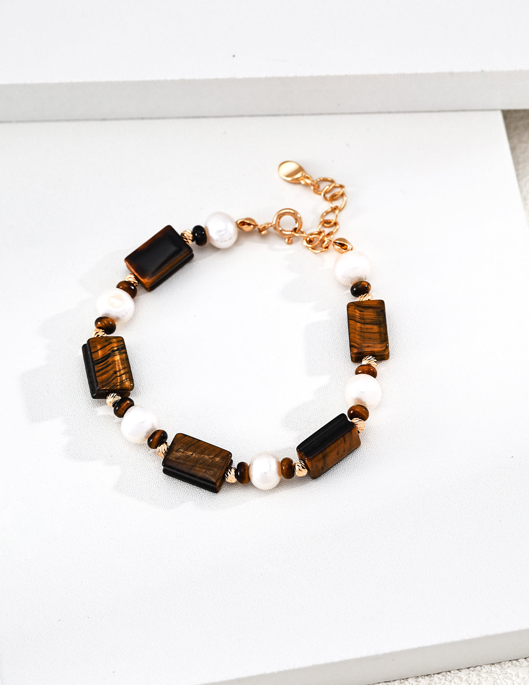 S925 Silver Caramel Old Money Tiger's Eye & Natural Pearl Statement Bracelet | Vintage Gold LOJ137