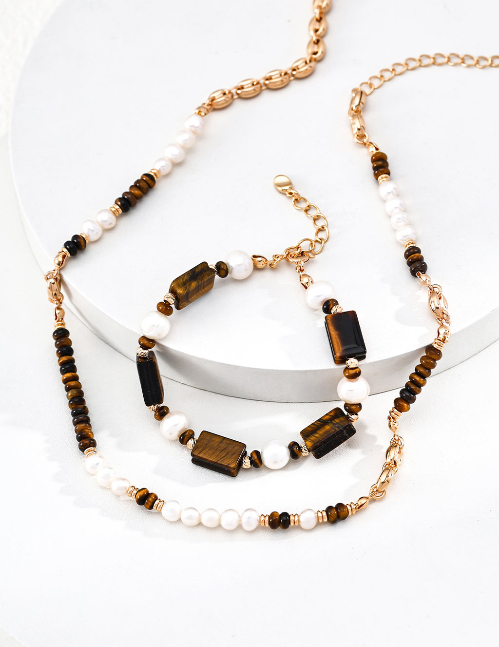 S925 Silver Caramel Old Money Tiger's Eye & Natural Pearl Statement Bracelet | Vintage Gold LOJ137