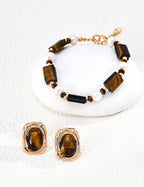 S925 Silver Caramel Old Money Tiger's Eye & Natural Pearl Statement Bracelet | Vintage Gold LOJ137