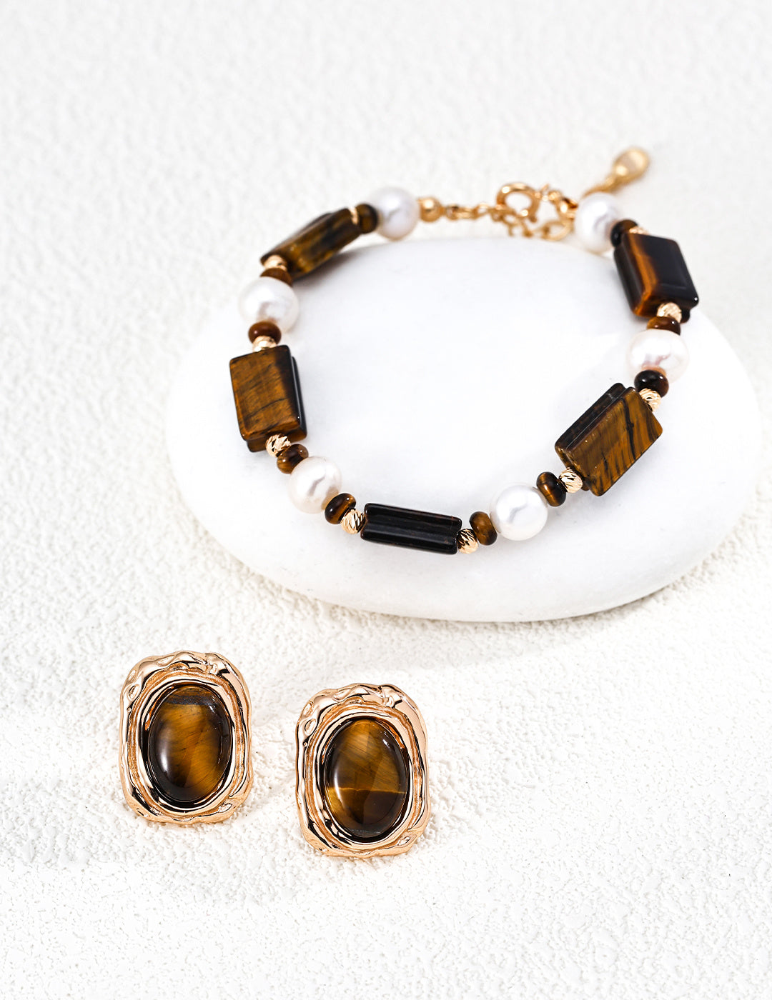 S925 Silver Caramel Old Money Tiger's Eye & Natural Pearl Statement Bracelet | Vintage Gold LOJ137