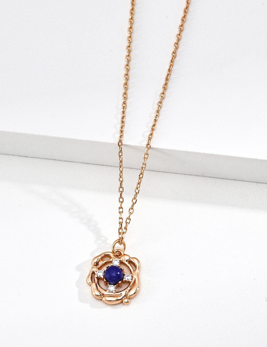 S925 Silver Blooming Rose Lapis Lazuli & Tiger's Eye CZ Pendant Necklace | Vintage Gold & Platinum LOJ145