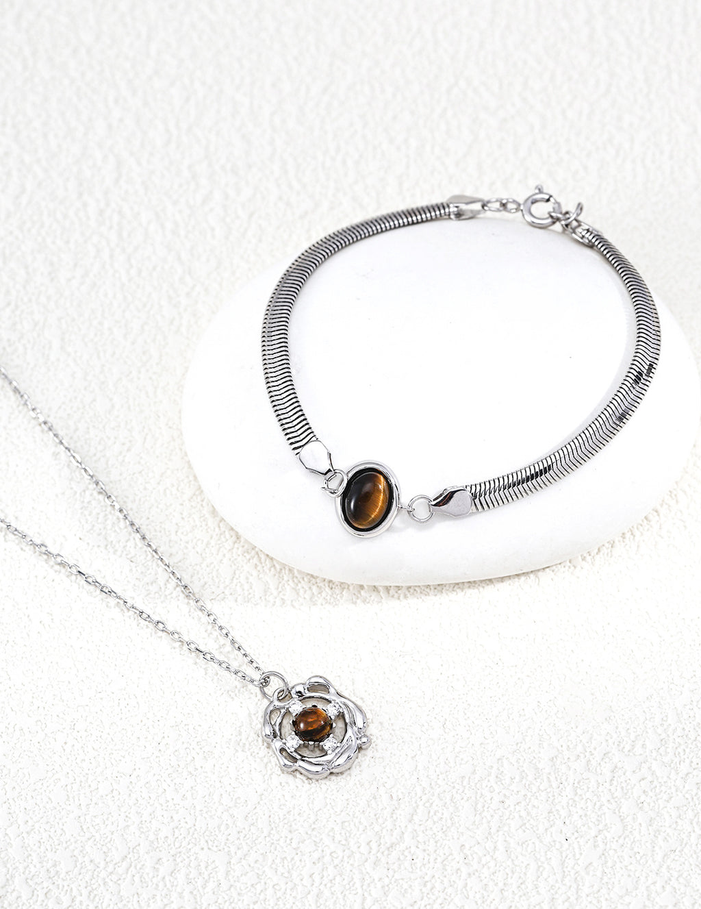S925 Silver Blooming Rose Lapis Lazuli & Tiger's Eye CZ Pendant Necklace | Vintage Gold & Platinum LOJ145