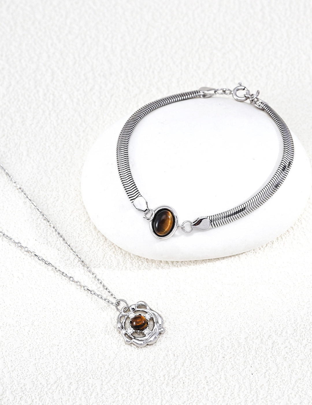 S925 Silver Blooming Rose Lapis Lazuli & Tiger's Eye CZ Pendant Necklace | Vintage Gold & Platinum LOJ145