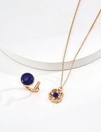 S925 Silver Blooming Rose Lapis Lazuli & Tiger's Eye CZ Pendant Necklace | Vintage Gold & Platinum LOJ145