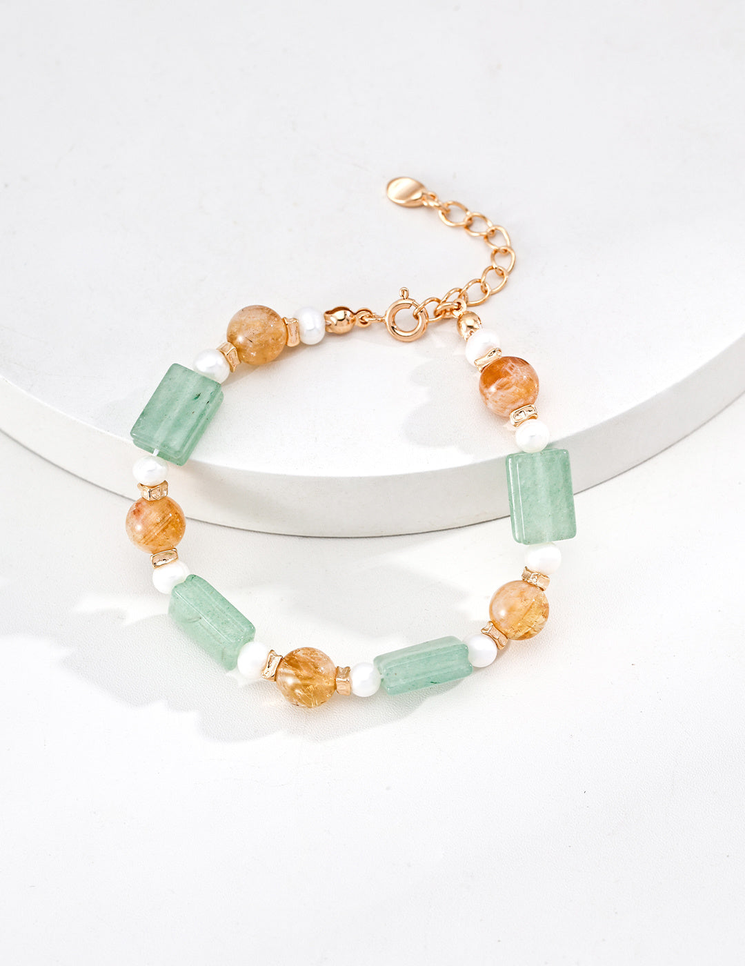 S925 Silver Prehnite Citrine & Pearl Beaded Bracelet | Vintage Gold LOJ97