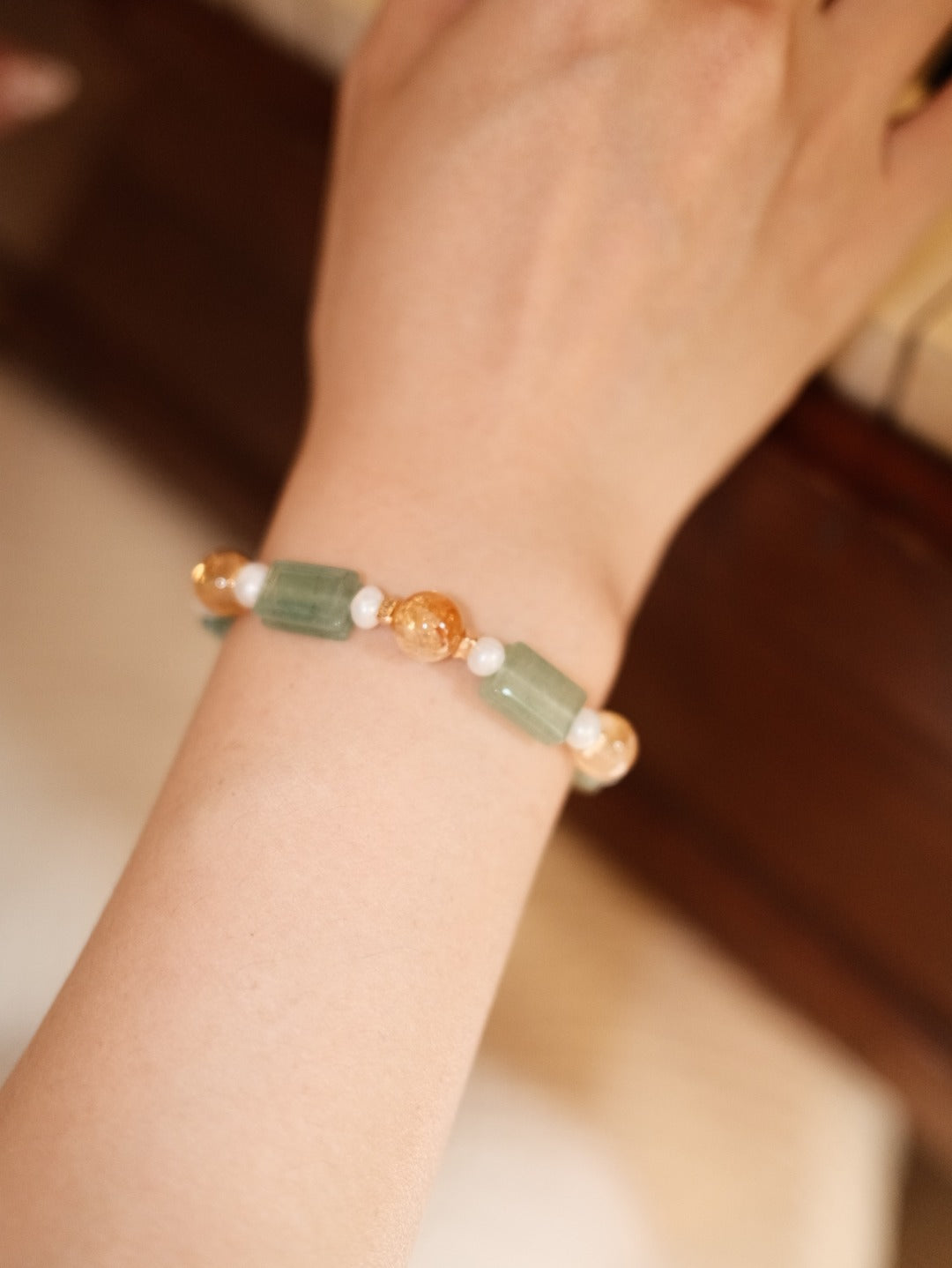 S925 Silver Prehnite Citrine & Pearl Beaded Bracelet | Vintage Gold LOJ97