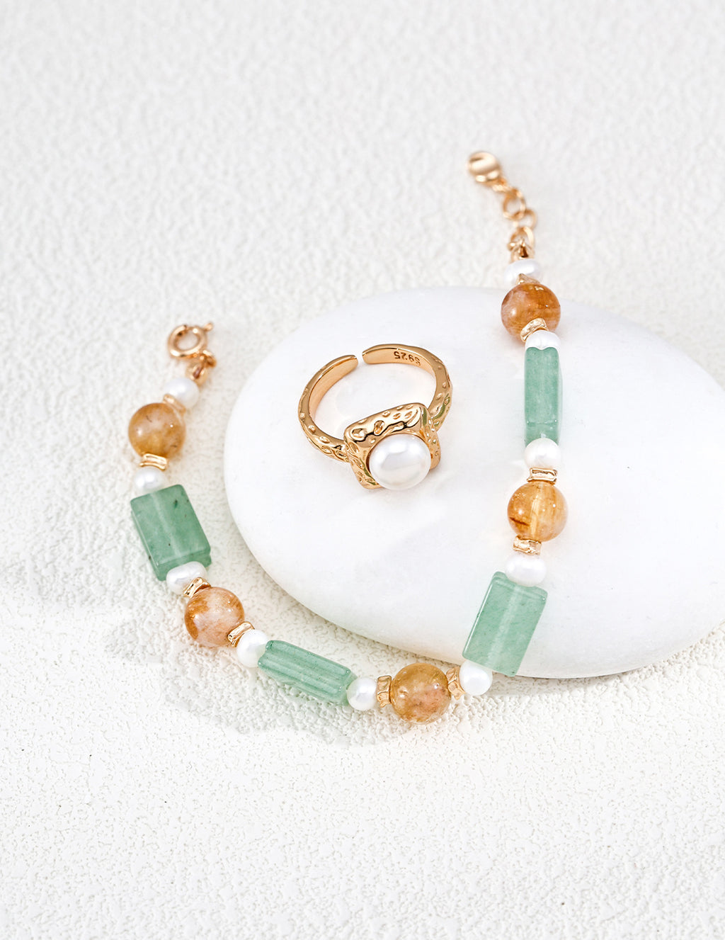 S925 Silver Prehnite Citrine & Pearl Beaded Bracelet | Vintage Gold LOJ97