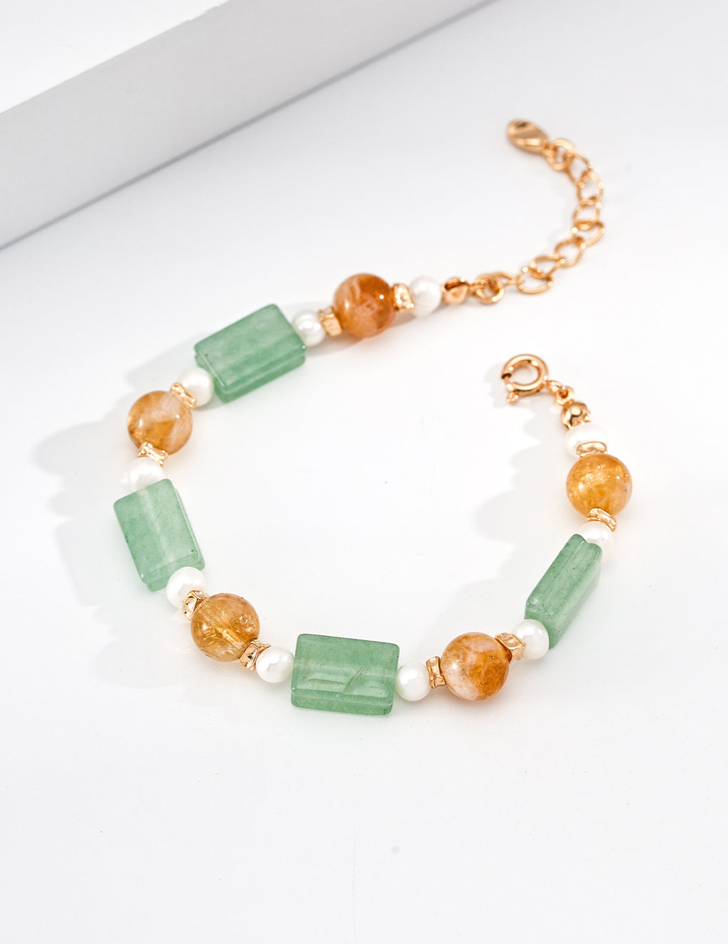 S925 Silver Prehnite Citrine & Pearl Beaded Bracelet | Vintage Gold LOJ97