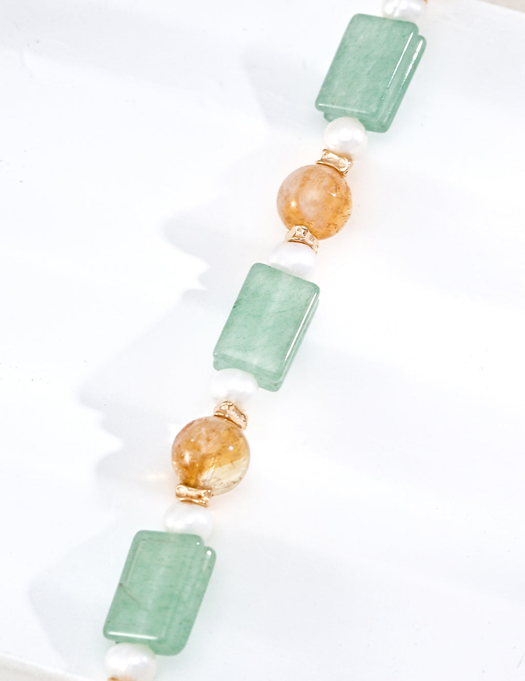 S925 Silver Prehnite Citrine & Pearl Beaded Bracelet | Vintage Gold LOJ97