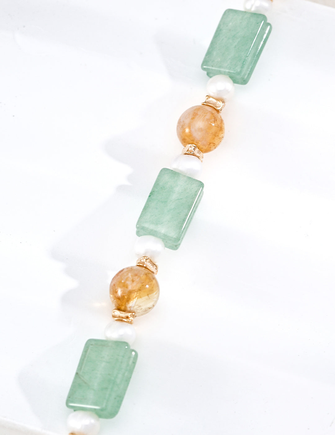 S925 Silver Prehnite Citrine & Pearl Beaded Bracelet | Vintage Gold LOJ97