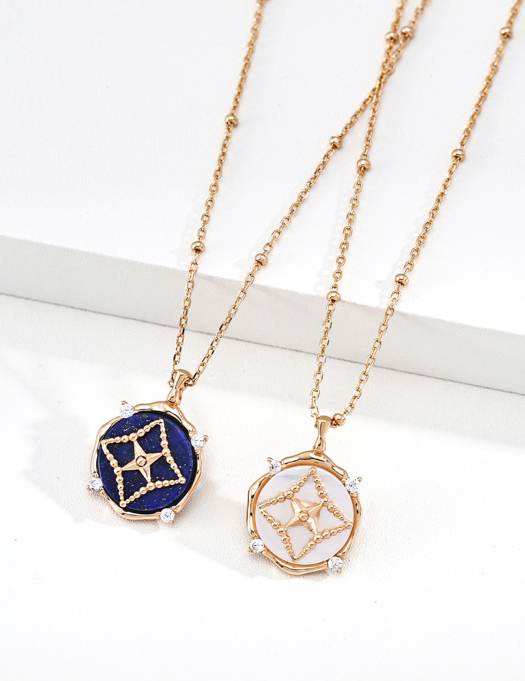 S925 Silver Lapis Lazuli & Mother of Pearl Star Coin Pendant Necklace | Vintage Gold LOJ95