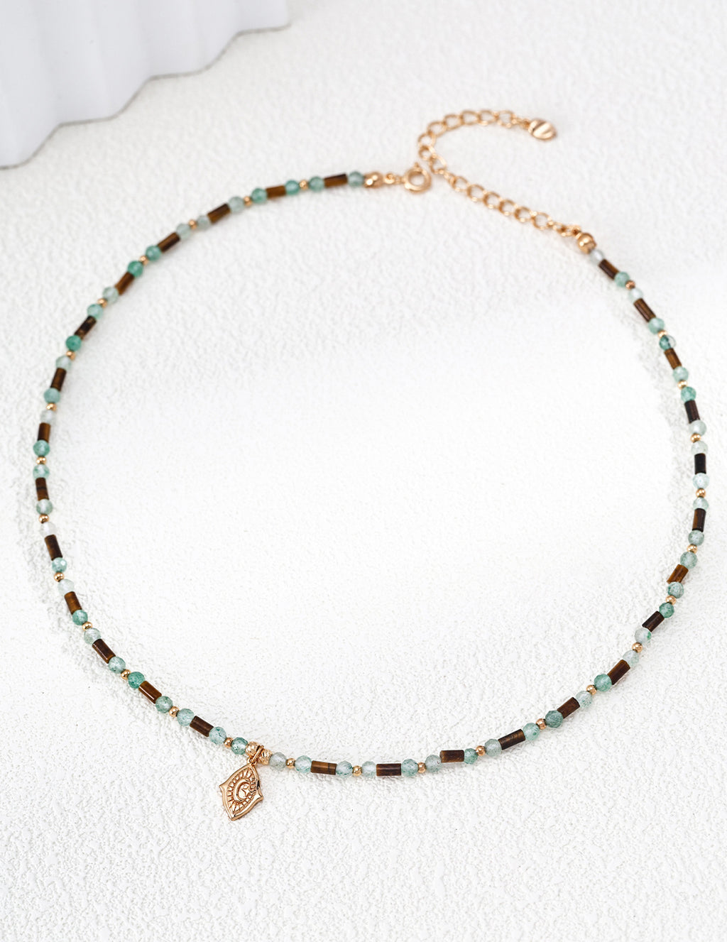 S925 Silver All-Seeing Eye Gemstone Beaded Necklace | Malachite / Tiger's Eye & Green St LOJ172