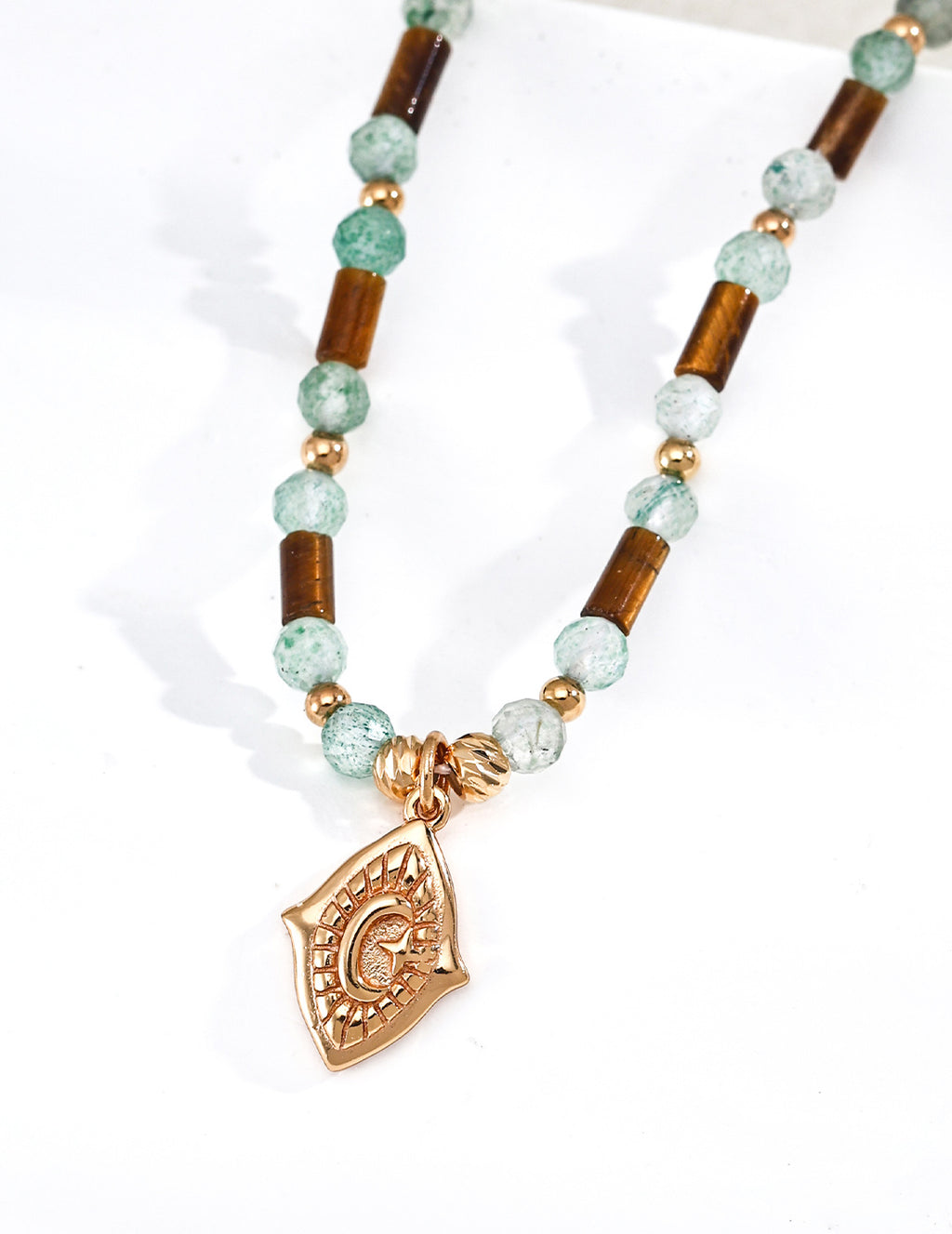 S925 Silver All-Seeing Eye Gemstone Beaded Necklace | Malachite / Tiger's Eye & Green St LOJ172