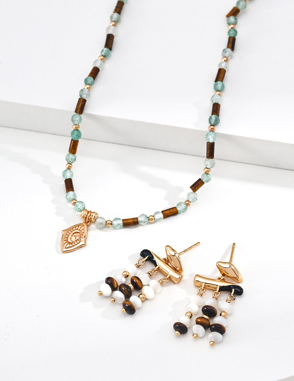 S925 Silver All-Seeing Eye Gemstone Beaded Necklace | Malachite / Tiger's Eye & Green St LOJ172