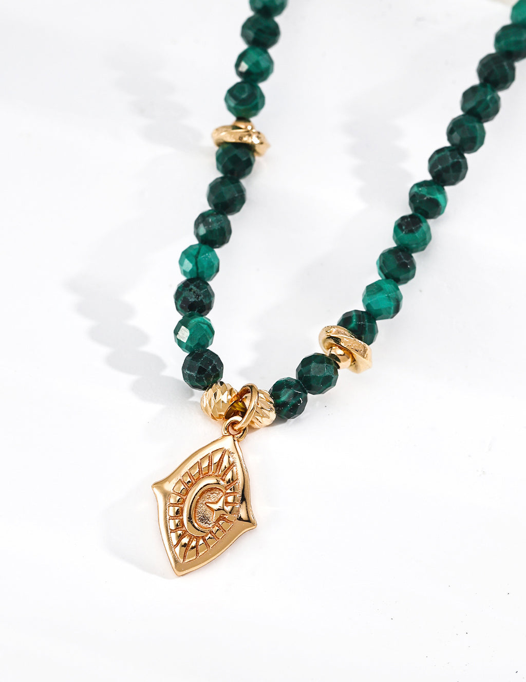 S925 Silver All-Seeing Eye Gemstone Beaded Necklace | Malachite / Tiger's Eye & Green St LOJ172