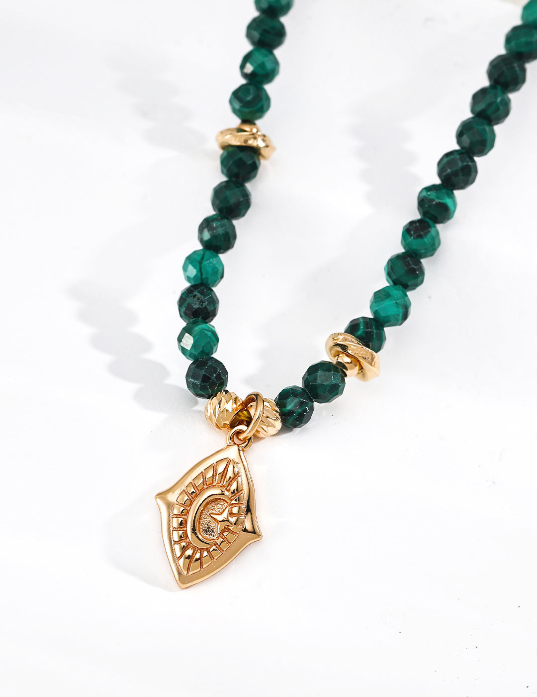 S925 Silver All-Seeing Eye Gemstone Beaded Necklace | Malachite / Tiger's Eye & Green St LOJ172
