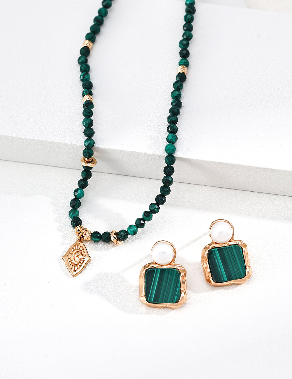 S925 Silver All-Seeing Eye Gemstone Beaded Necklace | Malachite / Tiger's Eye & Green St LOJ172