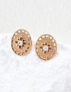 S925 Silver Dusk Light Series CZ Oval Filigree Stud Earrings | Vintage Gold & Platinum LOJ153