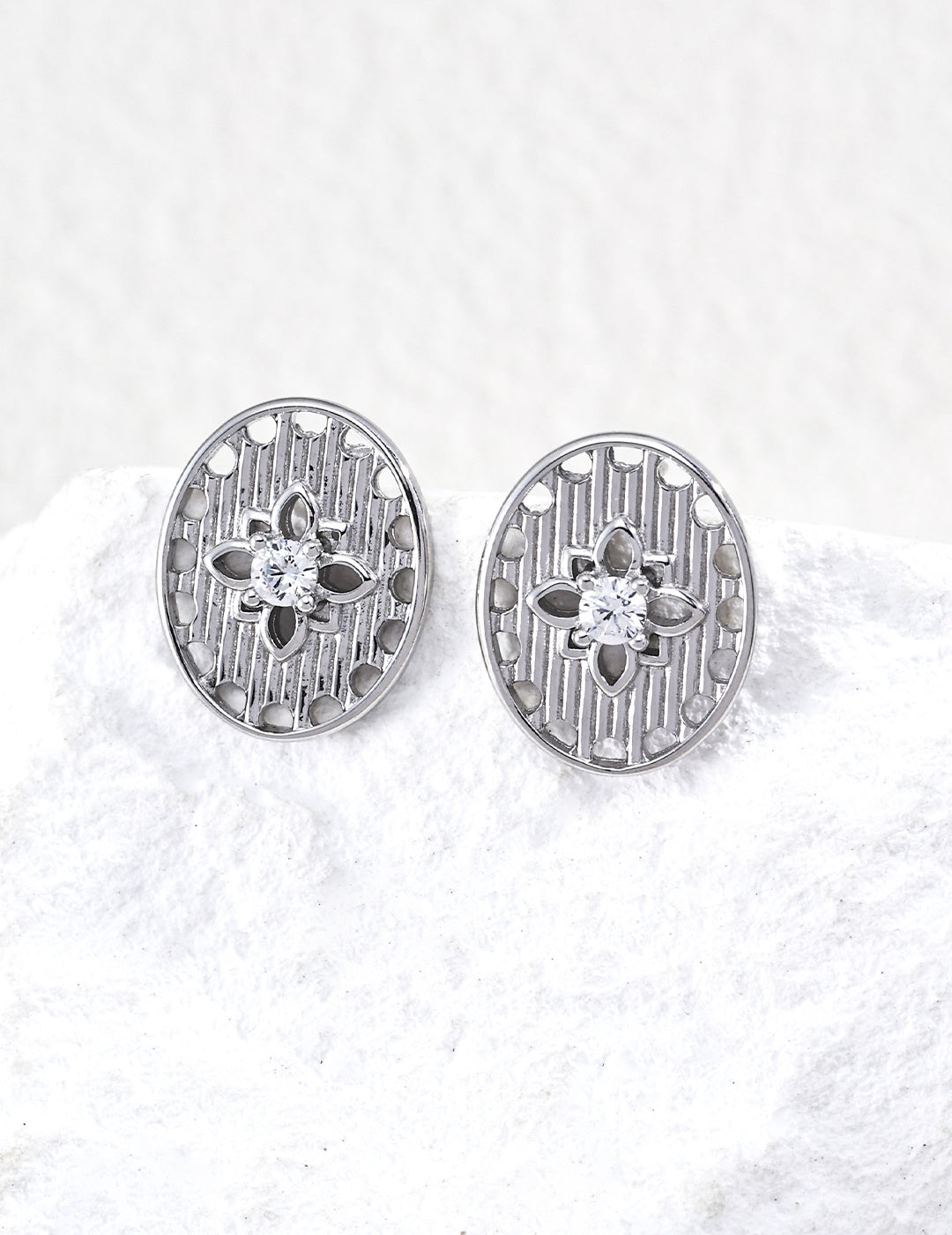 S925 Silver Dusk Light Series CZ Oval Filigree Stud Earrings | Vintage Gold & Platinum LOJ153
