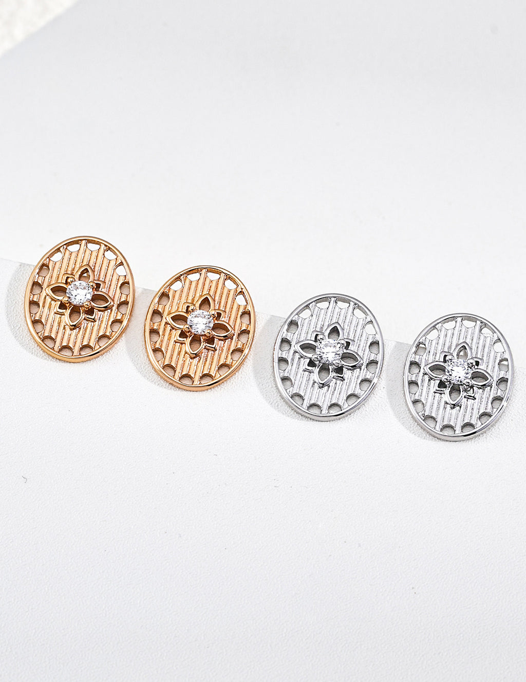 S925 Silver Dusk Light Series CZ Oval Filigree Stud Earrings | Vintage Gold & Platinum LOJ153