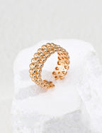 S925 Silver Golden Harvest Floral Lace Open Ring | Vintage Gold & Platinum White LOJ138