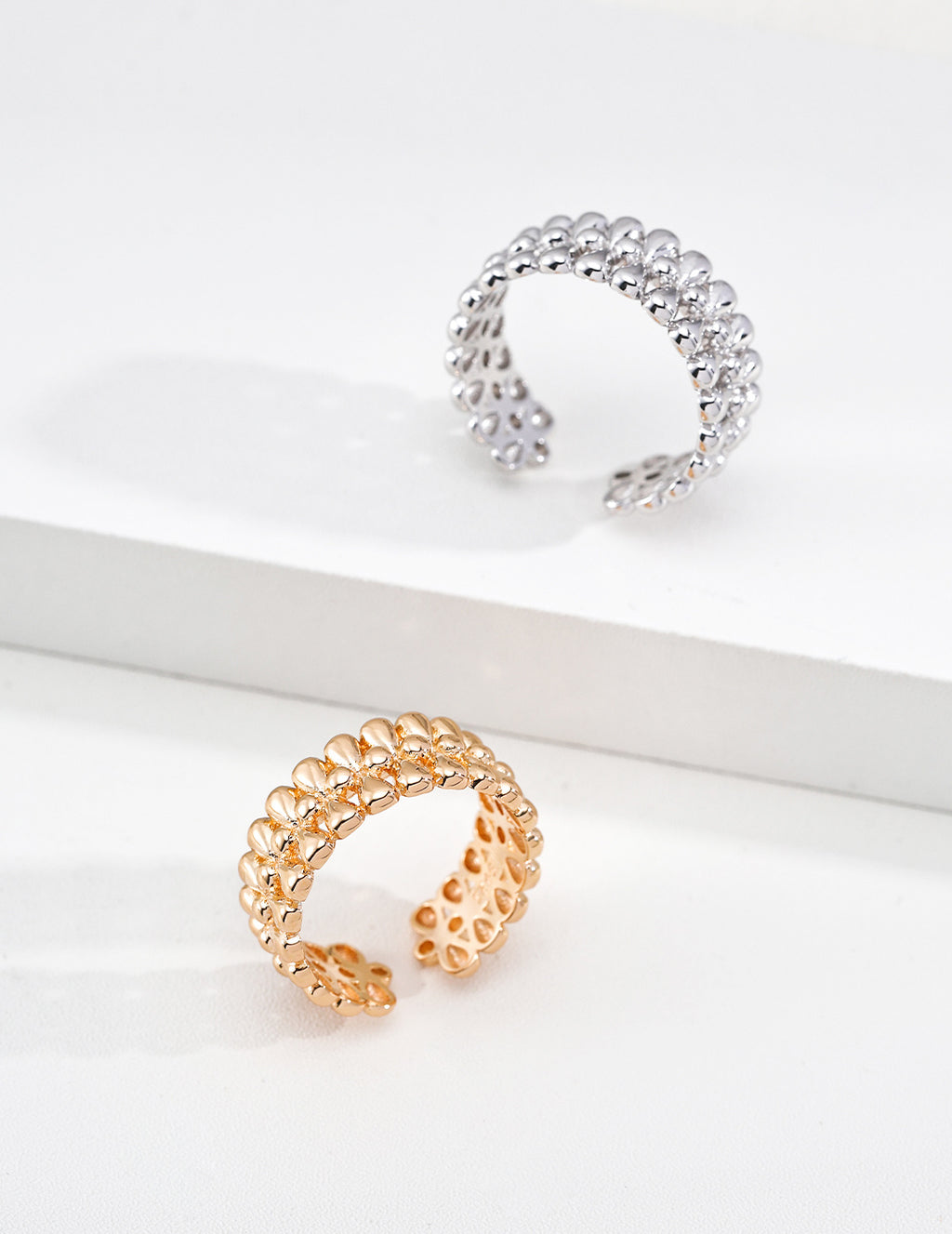 S925 Silver Golden Harvest Floral Lace Open Ring | Vintage Gold & Platinum White LOJ138