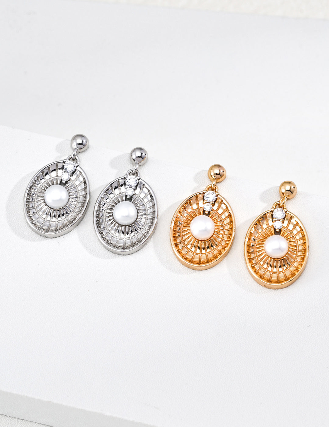S925 Silver Lucky Compass Pearl & CZ Radial Drop Earrings | Vintage Gold & Platinum White LOJ167