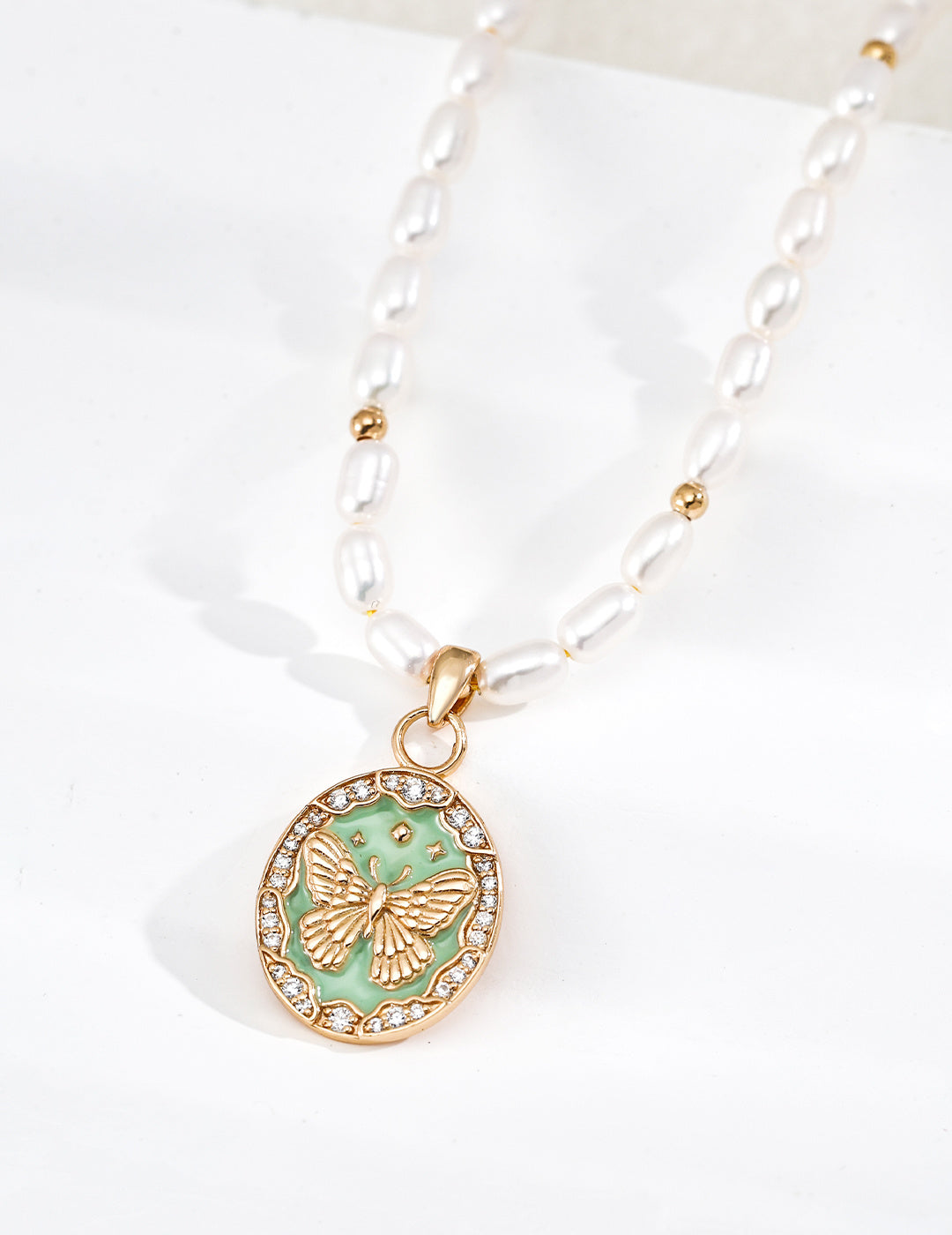 S925 Silver Lucky Butterfly Pearl Satellite Necklace with Celadon Enamel Coin Pendant | Vintage Go LOJ171