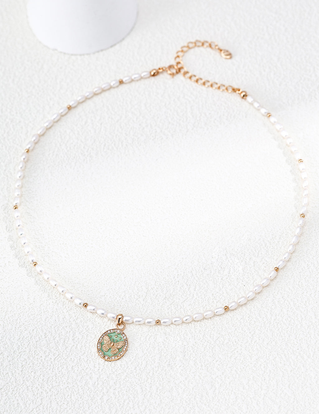 S925 Silver Lucky Butterfly Pearl Satellite Necklace with Celadon Enamel Coin Pendant | Vintage Go LOJ171