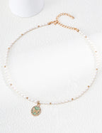 S925 Silver Lucky Butterfly Pearl Satellite Necklace with Celadon Enamel Coin Pendant | Vintage Go LOJ171
