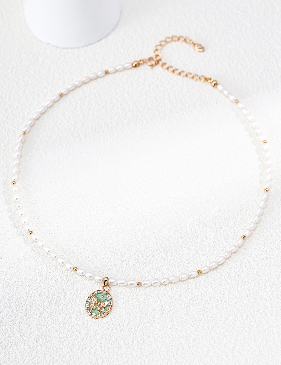 S925 Silver Lucky Butterfly Pearl Satellite Necklace with Celadon Enamel Coin Pendant | Vintage Go LOJ171