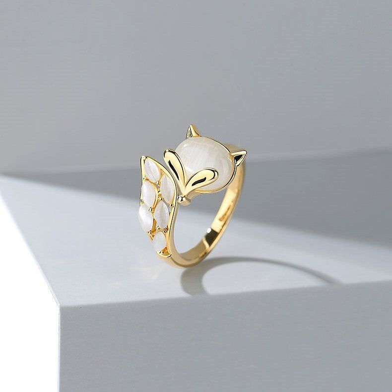 Gold Plated Crystal Gemstone Fox Element Adjustable Open Ring