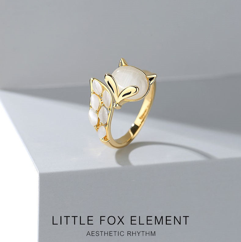Gold Plated Crystal Gemstone Fox Element Adjustable Open Ring