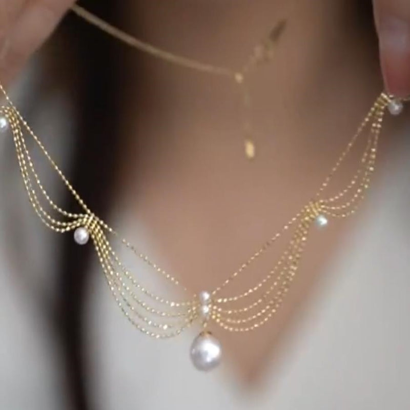 22K Golden Plated Wave Lace Freshwater Pearl Necklace 2022