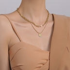 14K Gold Plated Layered Necklace with Square Pendant
