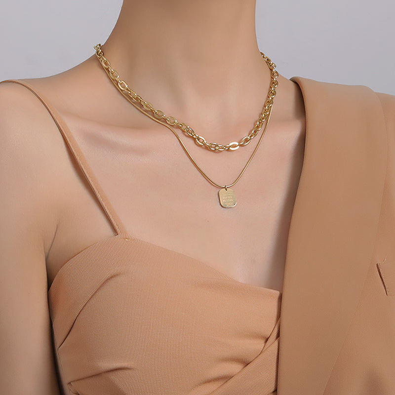 14K Gold Plated Layered Necklace with Square Pendant