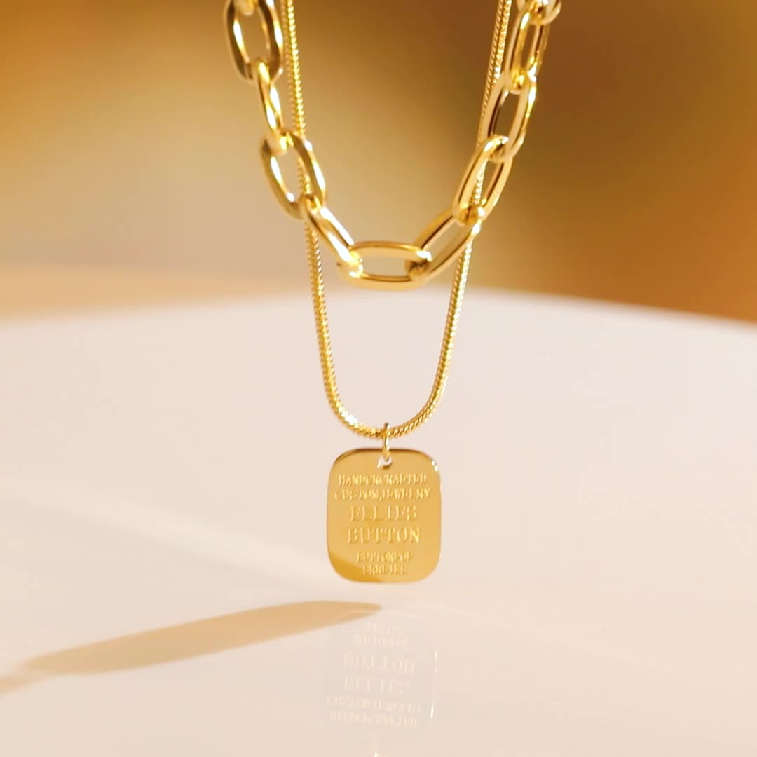14K Gold Plated Layered Necklace with Square Pendant