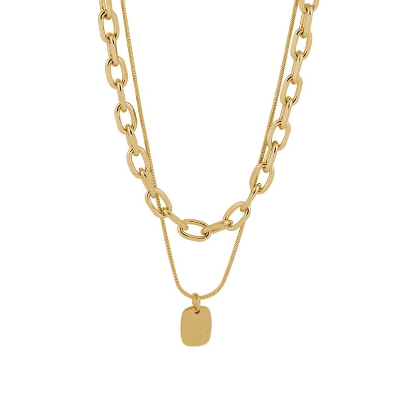 14K Gold Plated Layered Necklace with Square Pendant