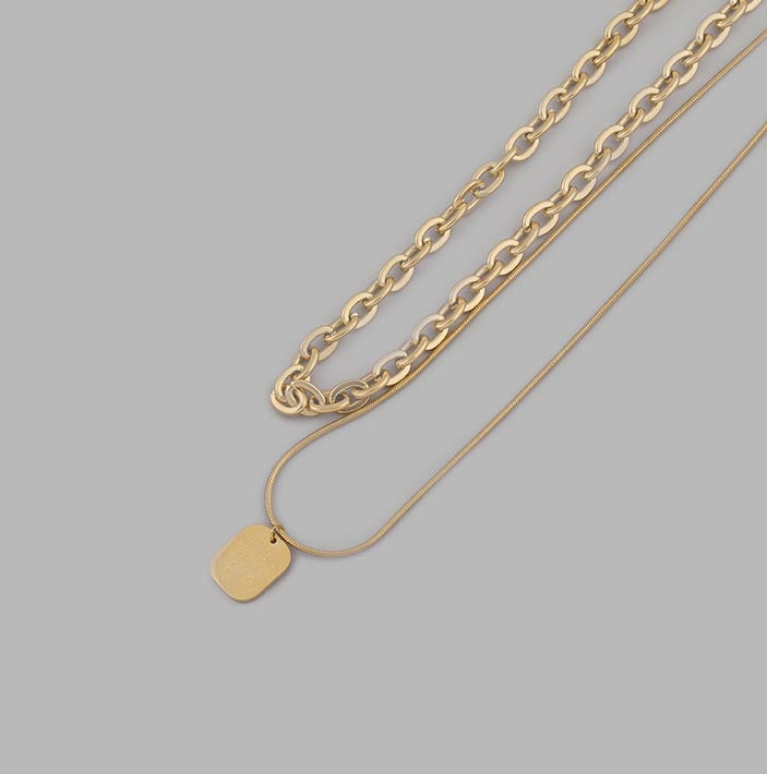 14K Gold Plated Layered Necklace with Square Pendant